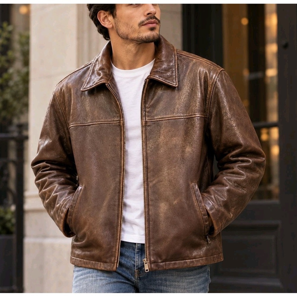 Tommy Hilfiger Men's Brown Genuine Leather Jacket Small Herringbone Lined